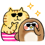 限定無料スタンプ::ごろごろにゃんすけ×フク子さん＆こふく